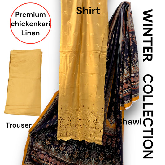 Premium Linen  Heavy embroidered chikankari 3 piece suit| unstitched |slub linen| New Article